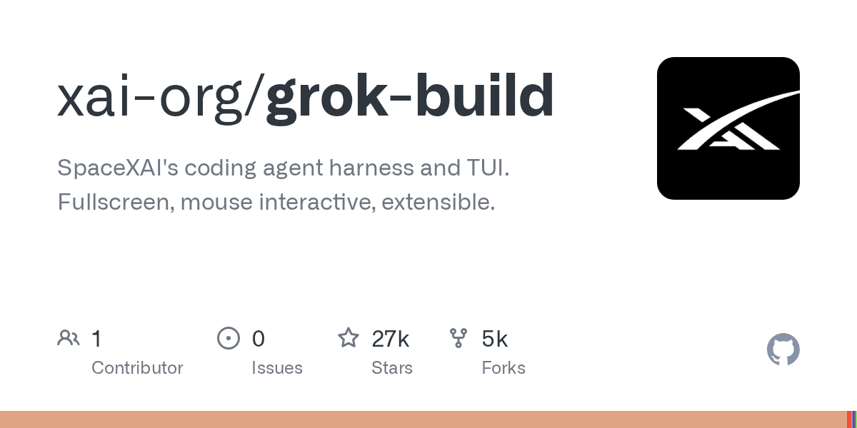 GitHub repository card for xai-org/grok-build showing 13k stars, 2k forks, zero issues, and a single contributor