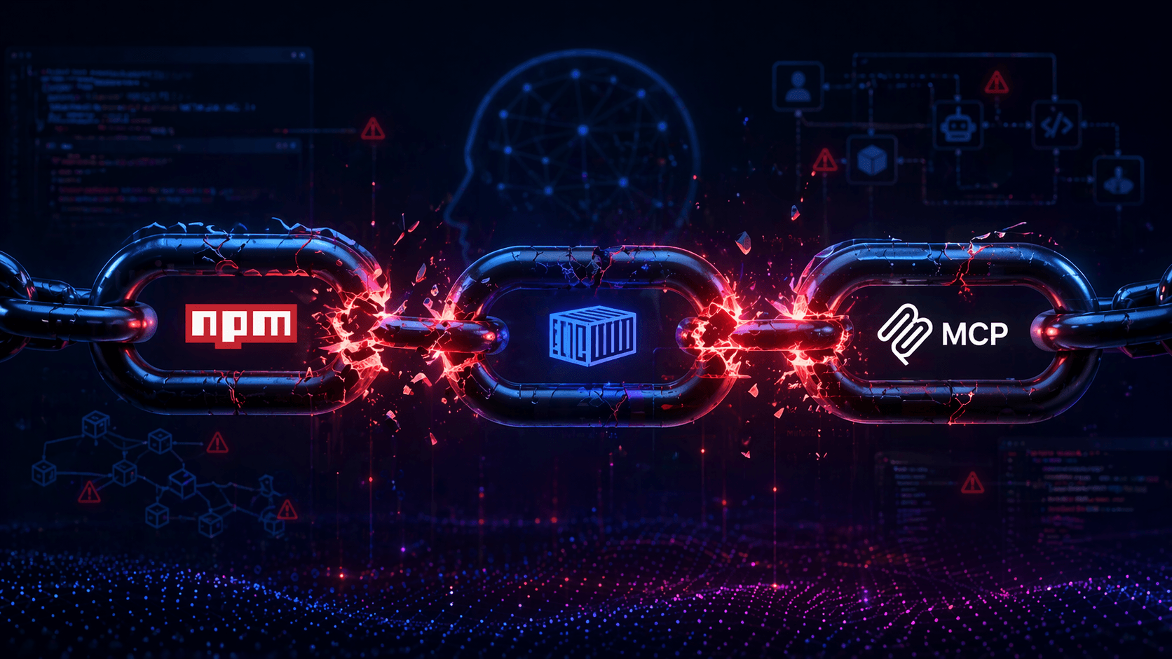 Three broken supply-chain links labelled MCP, npm, and Container showing the April 2026 AI supply chain compromise