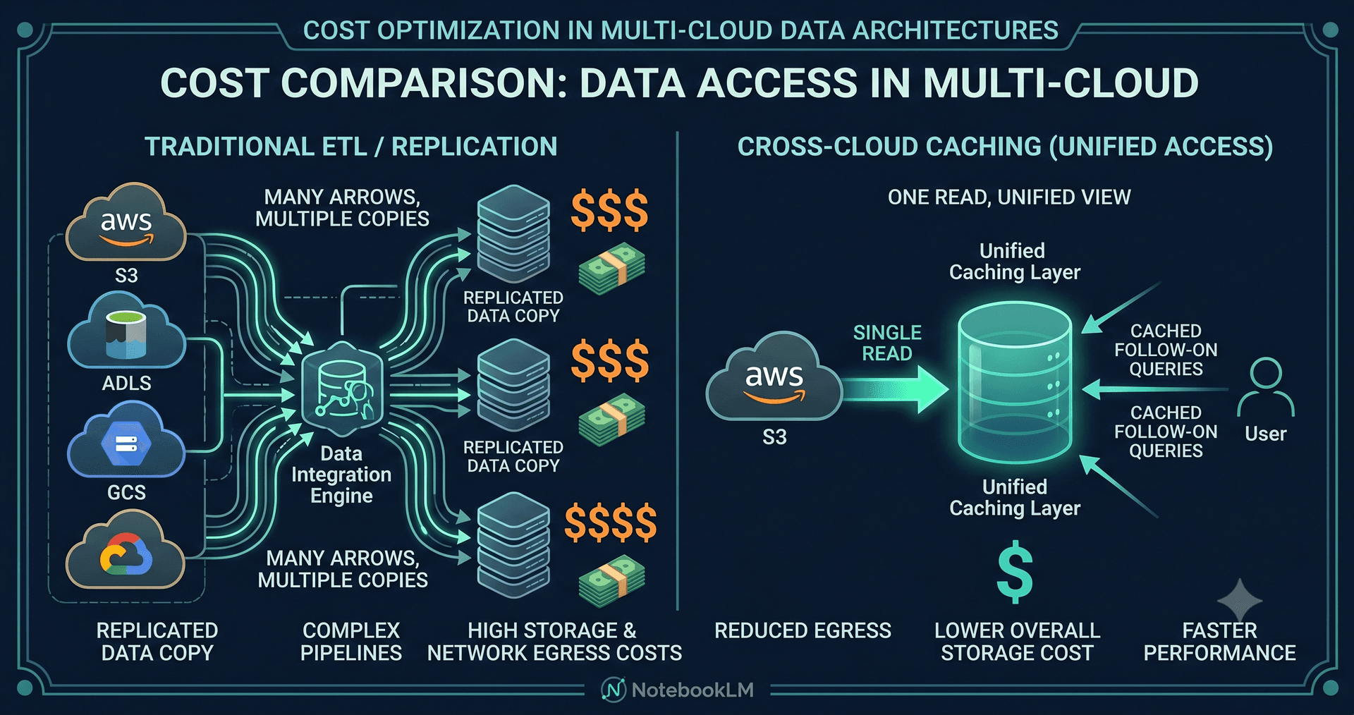 Iceberg cross-cloud architecture showing query engine connecting to S3, ADLS, and GCS with shared metadata catalog